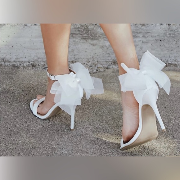 Ivory Satin Bow Pearl Ankle Strap High Heel - Picture 10 of 10